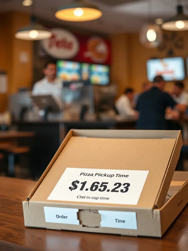 A close-up shot of a Pizzaiolo pizza box with a clear label indicating the order number and pickup time, emphasizing organization and accuracy.