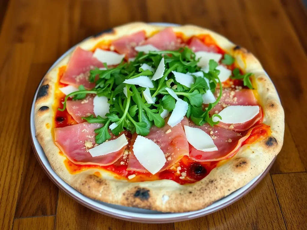 A beautifully styled image of a gourmet pizza featuring unique toppings such as truffle oil, prosciutto, arugula, and artisanal cheese, highlighting its sophisticated and flavorful profile.