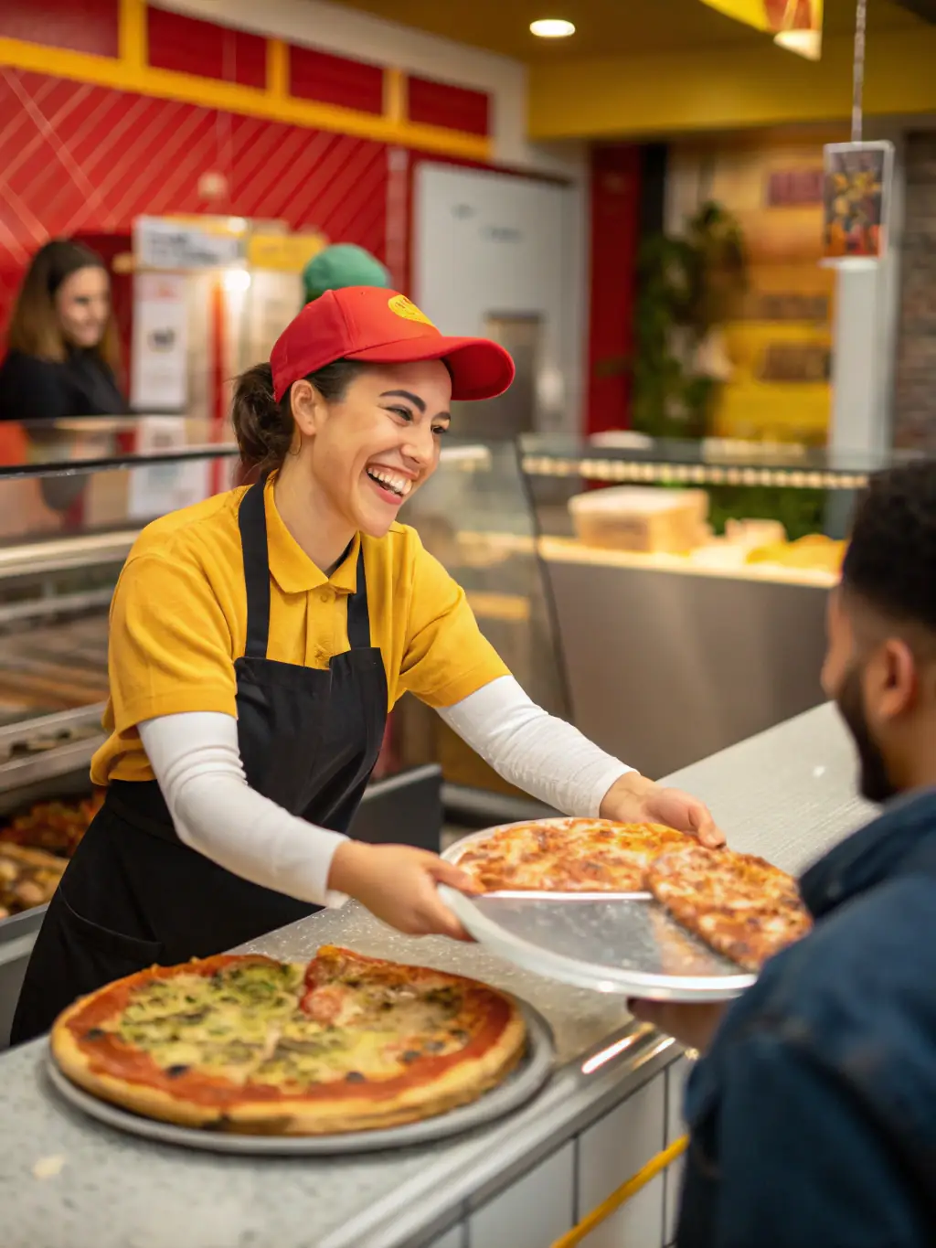 A customer smiling while receiving a pizza box from a Pizzaiolo employee at the pickup counter, showcasing a friendly and efficient service.