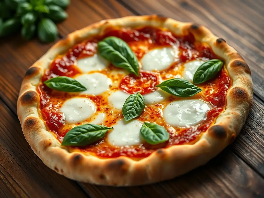 A vibrant, close-up shot of a classic Margherita pizza with fresh basil, ripe tomatoes, and melted mozzarella cheese, showcasing its simplicity and authentic Italian flavors.