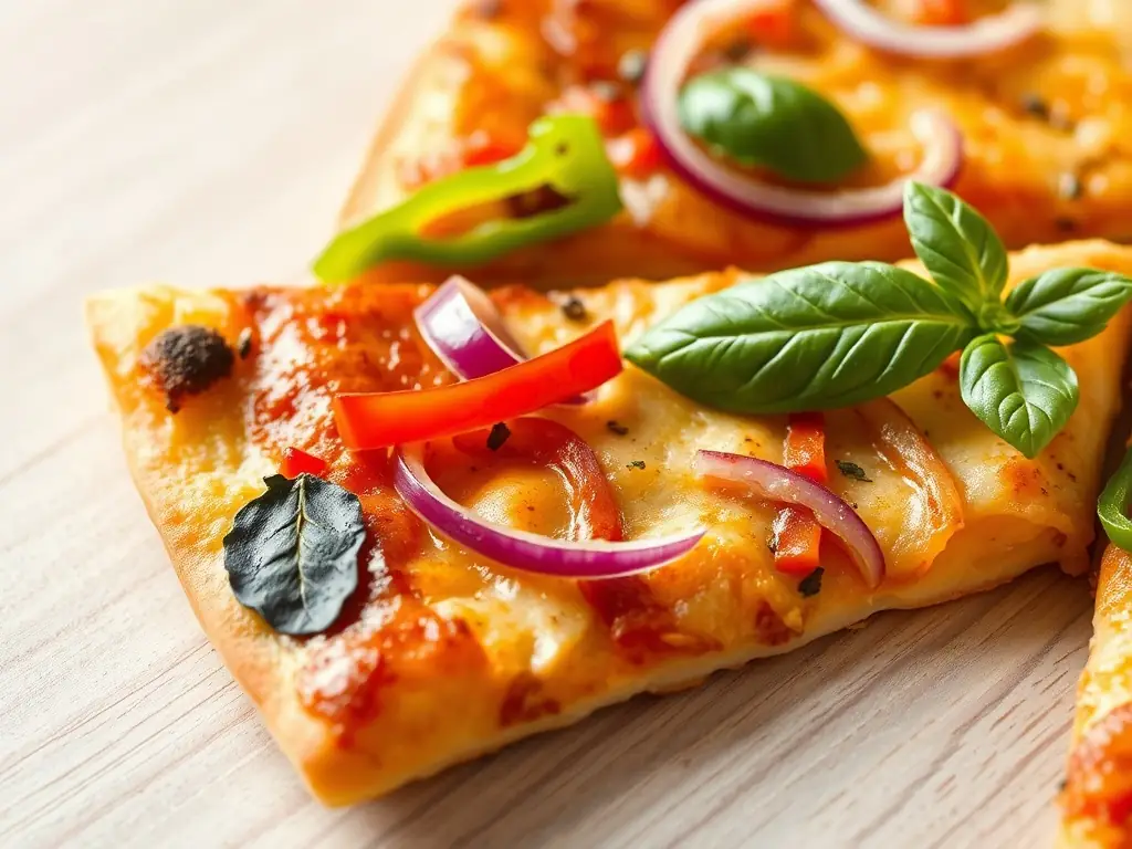 A colorful and appetizing image of a vegan pizza topped with a variety of fresh vegetables, plant-based cheese, and flavorful herbs, emphasizing its healthy and delicious appeal.